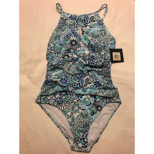 New Ellen Tracy High Neck Over the Shoulder One Piece Swimsuit Size 12 Floral